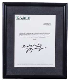 March 18, 1995 Signed Michael Jordan Original “I’m Back” Press Release From David Falk - Only Known! In Framed Display (JSA) 